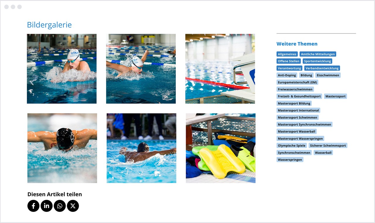 Newsroom Bildergalerie Schwimmsport NETZCOCKTAIL-Newsroom: Vereinsnews mit Bildergalerie aus sechs Schwimmsport-Fotos und Themen-Tags zur Kategorisierung